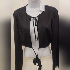 NWT Black Satin Cropped Blouse w/ Tapered Sleeves & front Custom Body tie wrap